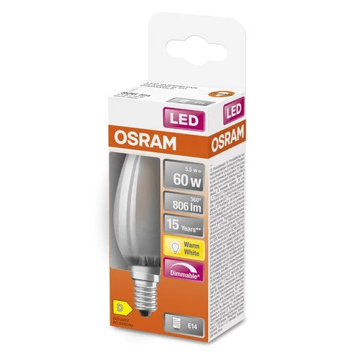 OSRAM Retrofit Classic B LED Lampada forma candela dimmerabile opaca (ex 60W) 6,5W / 2700K Bianco caldo E14