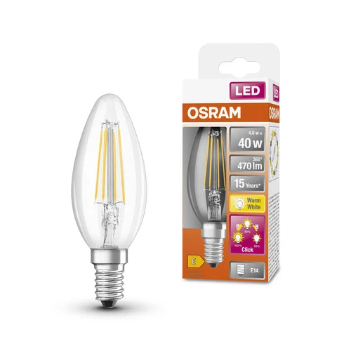 OSRAM Classic B LED Lampada dimmerabile a tre livelli forma candela (ex 40W) 4W / 2700K Bianco caldo E14