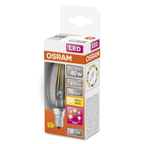 OSRAM Classic B LED Lampada dimmerabile a tre livelli forma candela (ex 40W) 4W / 2700K Bianco caldo E14