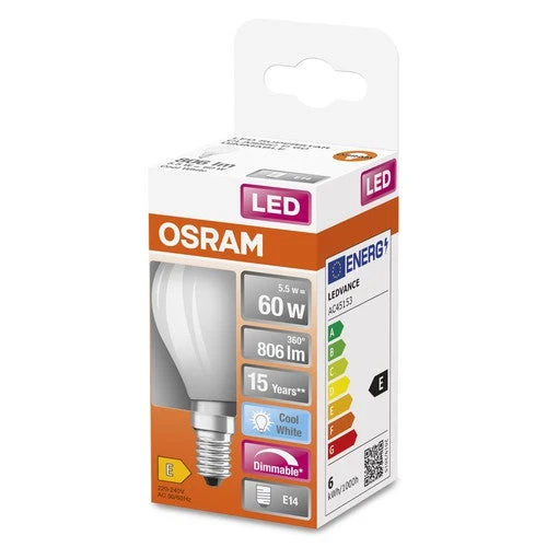 OSRAM Retrofit Classic P LED Lampada opaca dimmerabile (ex 60W) 6,5W / 4000K Bianco freddo E14