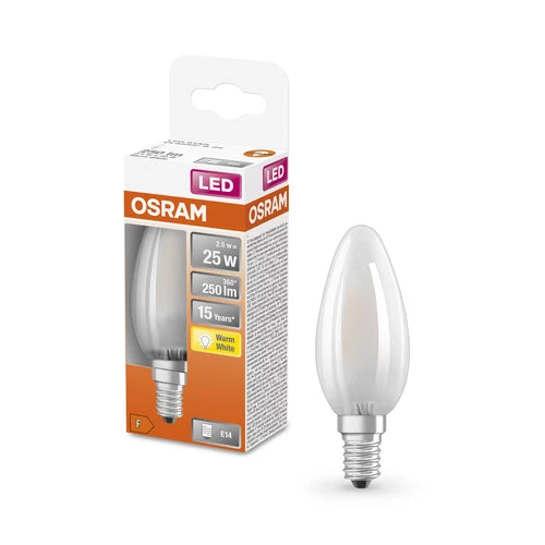 OSRAM Retrofit Classic B LED Lampada forma candela opaca (ex 25W) 2,5W / 2700K Bianco caldo E14