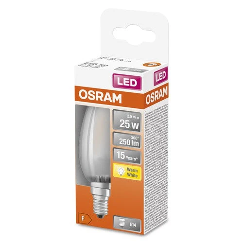 OSRAM Retrofit Classic B LED Lampada forma candela opaca (ex 25W) 2,5W / 2700K Bianco caldo E14