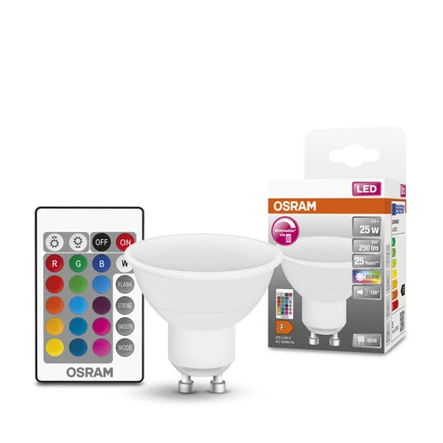 OSRAM LED Retrofit RGBW LED Spot con telecomando opaco (ex 25W) 2,9W / 2700K Bianco caldo GU10