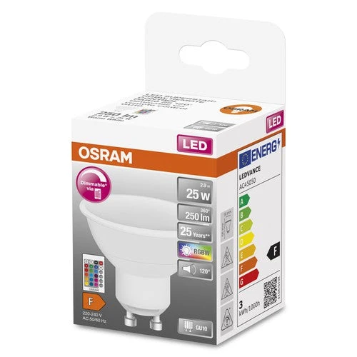 OSRAM LED Retrofit RGBW LED Spot con telecomando opaco (ex 25W) 2,9W / 2700K Bianco caldo GU10
