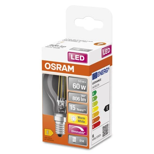 OSRAM Retrofit Classic P LED Lampada dimmerabile (ex 60W) 6,5W / 2700K Bianco caldo E14