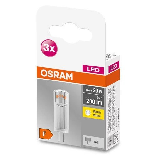 OSRAM LED Base Lampadina a spina LED Lampada 12V (ex 20W) 1,8W / 2700K Bianco caldo PIN G4 Confezione da 3