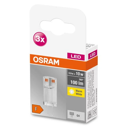 OSRAM LED Base lampadina a spillo LED lampada 12V (ex 10W) 0,90W / 2700K Bianco caldo PIN G4 confezione da 3
