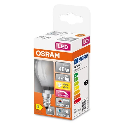 OSRAM FILAMENT Lampadina LED LED SUPERSTAR+ CL P GL FR 40 dim 3,4W/940 E14 CRI90 BOX, Bianco caldo