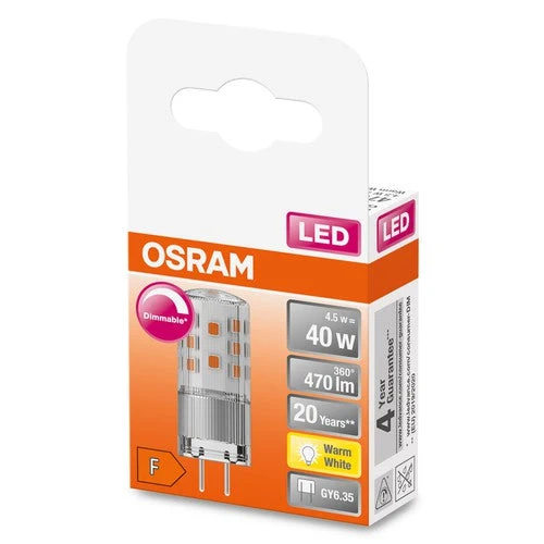 OSRAM LED Lampadina PIN dimmerabile chiara 12V (ex 40W) 4,5W / 2700K Bianco caldo GY6.35