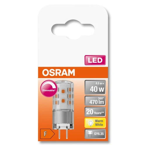 OSRAM LED Lampadina PIN dimmerabile chiara 12V (ex 40W) 4,5W / 2700K Bianco caldo GY6.35