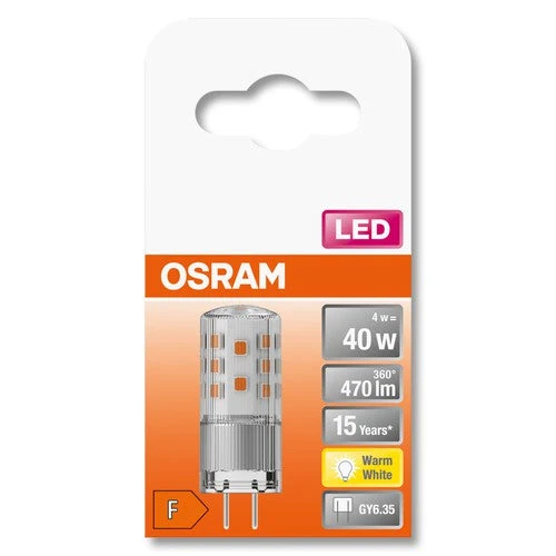 OSRAM LED lampadina a spillo PIN 12V chiara (ex 40W) 4W / 2700K bianco caldo GY6.35
