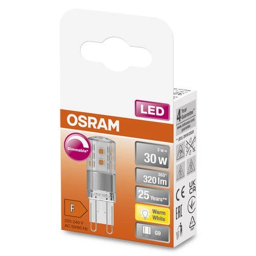 OSRAM LED lampadina a spillo PIN dimmerabile chiara (ex 30W) 3W / 2700K Bianco caldo PIN G9