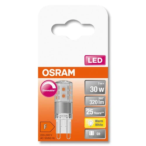OSRAM LED lampadina a spillo PIN dimmerabile chiara (ex 30W) 3W / 2700K Bianco caldo PIN G9