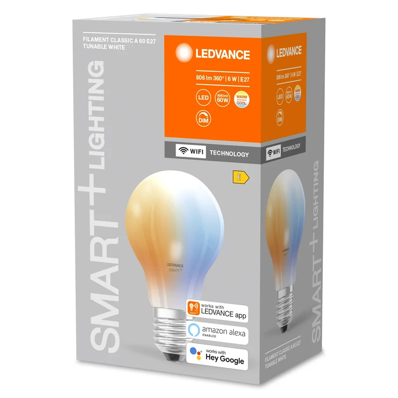 LEDVANCE Lampada LED Smart con tecnologia WiFi, attacco E27, dimmerabile, colore della luce regolabile (2700-6500K), sostituisce le lampadine a incandescenza da 60 W, SMART+ WiFi Classic Tunable White, confezione da 1.