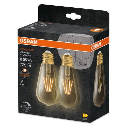 OSRAM lampadina LED dimmerabile EDISON 6.5W filamento E27 vintage 1906 oro, E27, confezione da 2