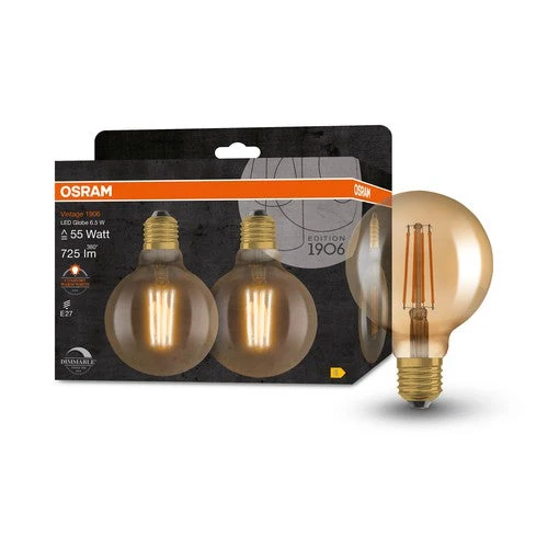 OSRAM lampadina LED dimmerabile GLOBE95 6.5W filamento E27 vintage 1906 oro, confezione da 2, E27
