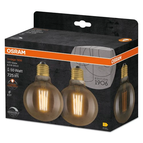 OSRAM lampadina LED dimmerabile GLOBE95 6.5W filamento E27 vintage 1906 oro, confezione da 2, E27