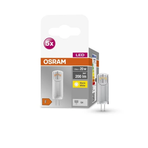 OSRAM lampadina LED a spillo BASE PIN G4 12 V lampada LED CL20 non dimmerabile 1,8W, bianco caldo confezione da 5 pezzi