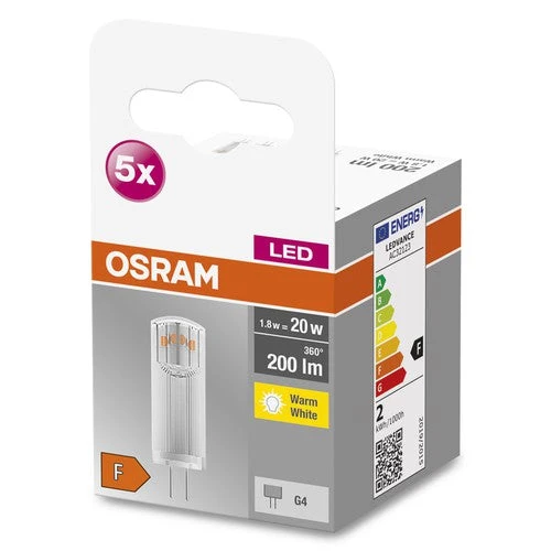 OSRAM lampadina LED a spillo BASE PIN G4 12 V lampada LED CL20 non dimmerabile 1,8W, bianco caldo confezione da 5 pezzi