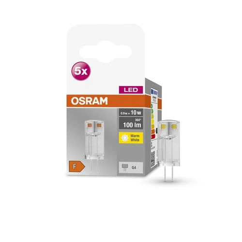 OSRAM lampadina LED a pin BASE PIN G4 12 V lampadina LED CL10 non dimmerabile 0,9W, bianco caldo confezione da 5 pezzi