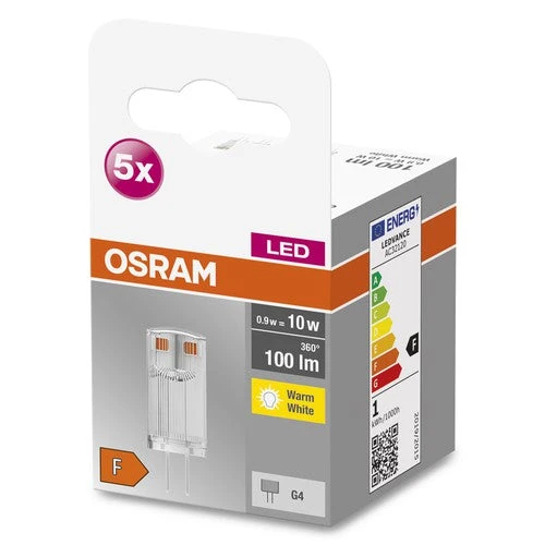 OSRAM lampadina LED a pin BASE PIN G4 12 V lampadina LED CL10 non dimmerabile 0,9W, bianco caldo confezione da 5 pezzi