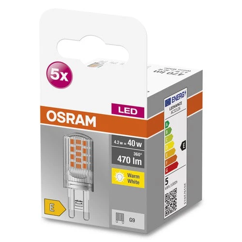 OSRAM LED lampadina a spillo BASE PIN G9 lampada LED CL40 non dimmerabile 4.2W, G9, bianco caldo confezione da 5