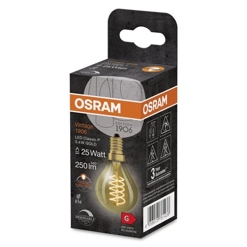 OSRAM Vintage 1906 Lampadina LED, tonalità oro, 3,4W, 250lm, bianco caldo, E14