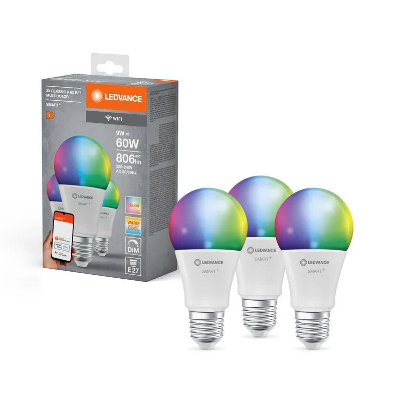 LEDVANCE WIFI SMART+ lampadina LED, satinata, RGB, 9W, 806lm, E27, confezione da 3