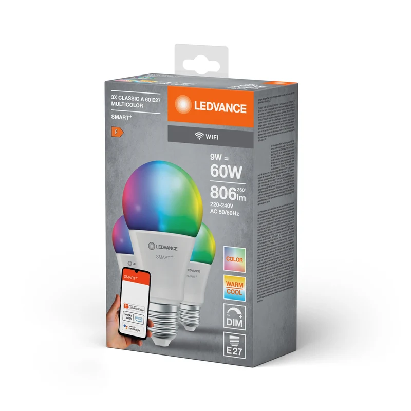 LEDVANCE WIFI SMART+ lampadina LED, satinata, RGB, 9W, 806lm, E27, confezione da 3