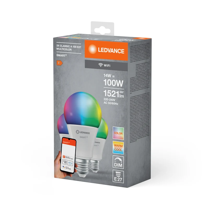 LEDVANCE WIFI SMART+LED-Lampada, RGBW, 14W, 1521lm, E27, Confezione da 3