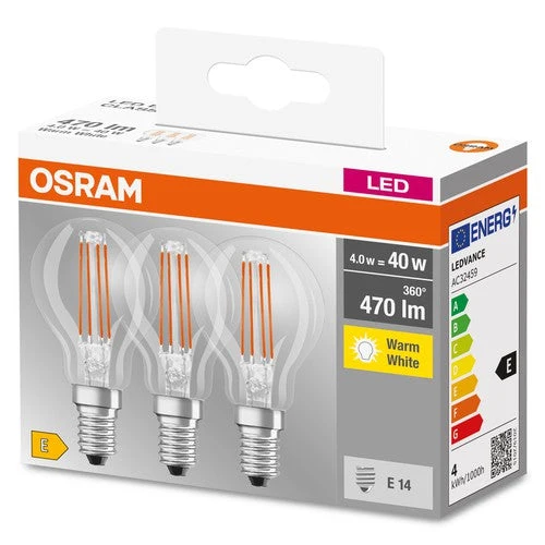 OSRAM LED Base Classic Lampadina LED (ex 40W) 4W / 2700K Confezione da 3 E14, Bianco caldo