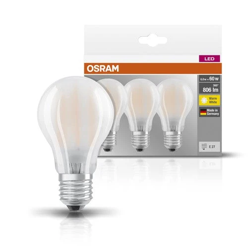OSRAM LED Base Classic A lampadina LED opaca (ex 60W) 7W / 2700K bianco caldo E27 confezione da 3, E27