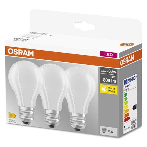 OSRAM LED Base Classic A lampadina LED opaca (ex 60W) 7W / 2700K bianco caldo E27 confezione da 3, E27