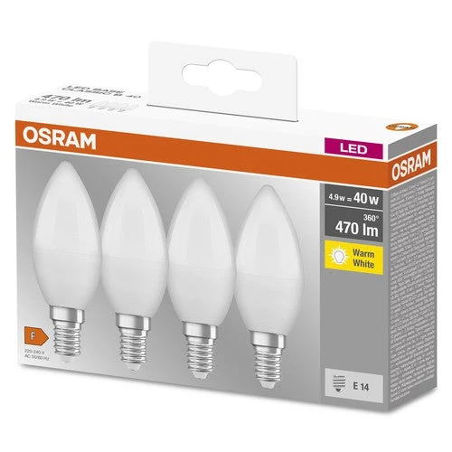OSRAM LED Base LED Lampada forma candela opaca (ex 40W) 5,5W / 2700K Bianco caldo E14 confezione da 4