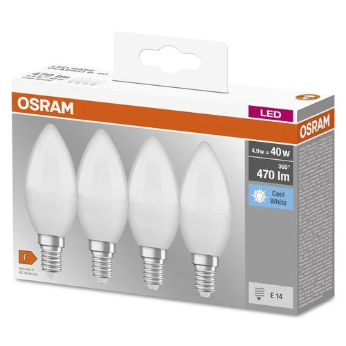 OSRAM LED Base LED Lampada forma candela opaca (ex 40W) 5,5W / 4000K Bianco freddo E14 confezione da 4