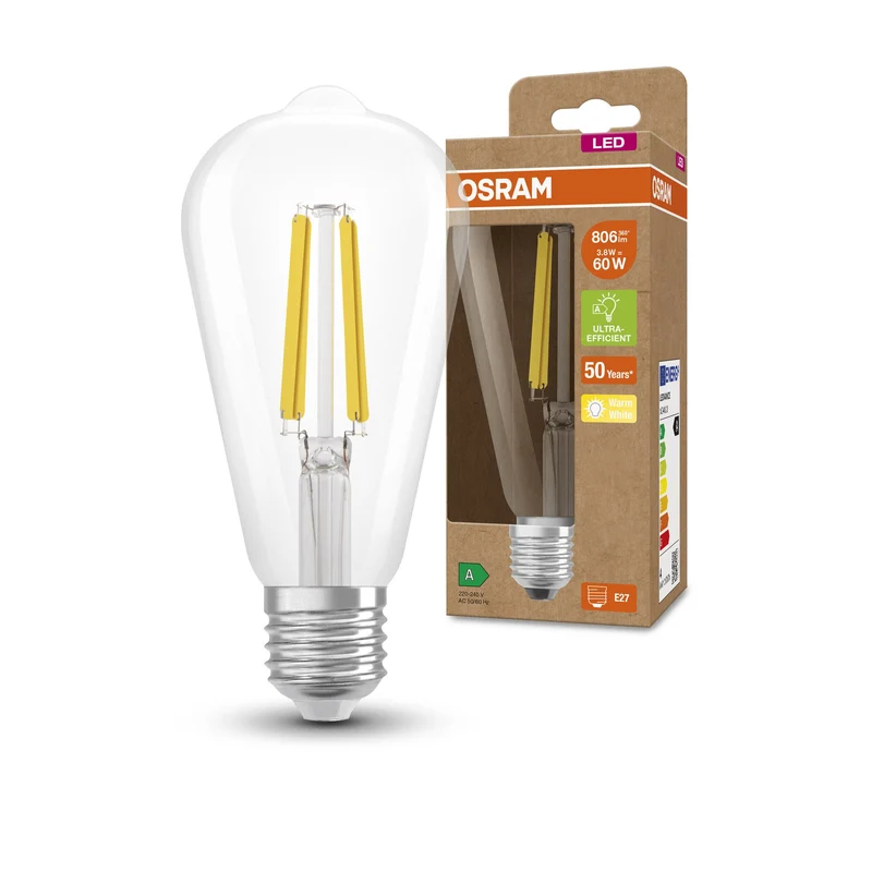 OSRAM LED Lampada Classe di efficienza energetica A Filamento Classic Chiaro, 2.5W/3000K, E27, Bianco caldo