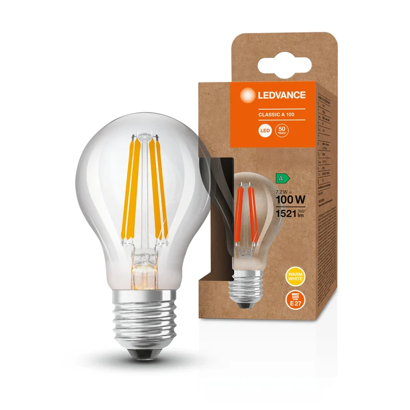 LEDVANCE lampadina LED classe di efficienza energetica A Filamento Classico Chiaro, 7.2W/3000K, E27