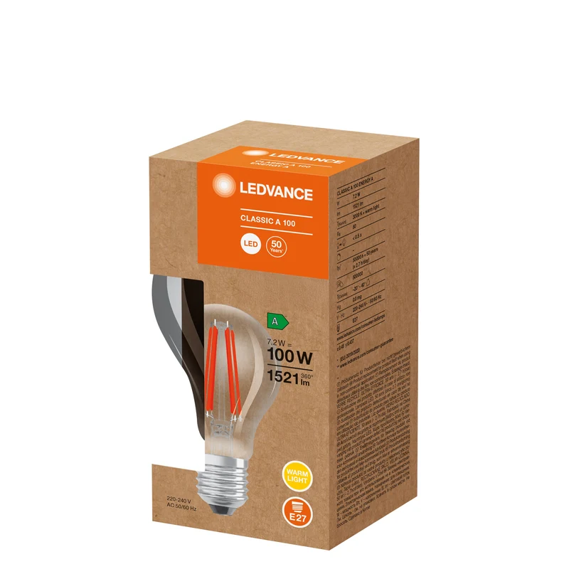 LEDVANCE lampadina LED classe di efficienza energetica A Filamento Classico Chiaro, 7.2W/3000K, E27