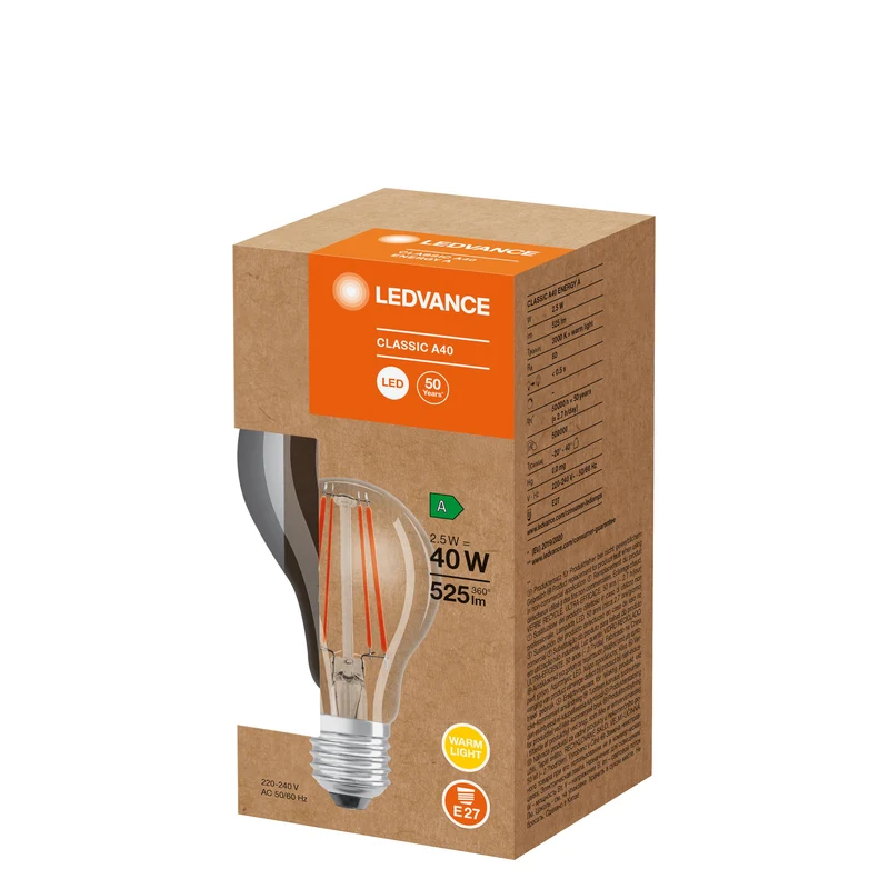 LEDVANCE HIGH ENERGY EFFICIENT A Classic A40 Lampada LED chiara (ex 40W) 2,5W Warmweiß E27