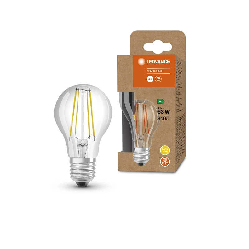LEDVANCE HIGH ENERGY EFFICIENT A Classic A60 Lampada LED chiara (ex 60W) 4W Warmweiß E27
