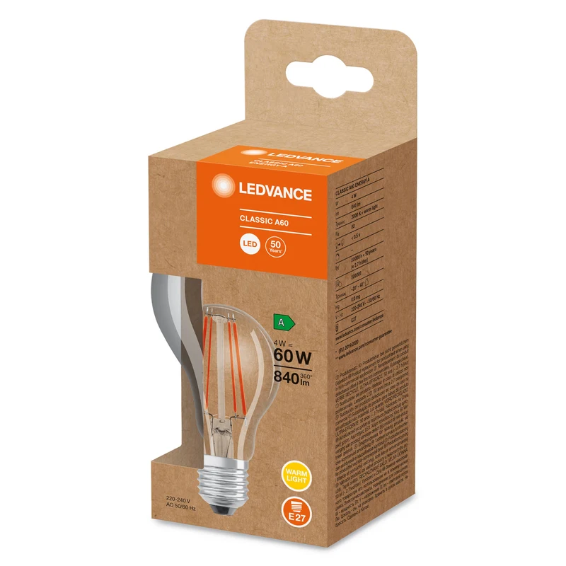 LEDVANCE HIGH ENERGY EFFICIENT A Classic A60 Lampada LED chiara (ex 60W) 4W Warmweiß E27