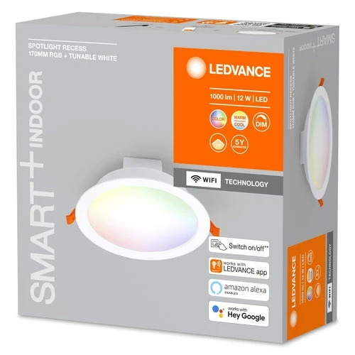 LEDVANCE Wifi SMART+ Faretto da incasso RECESS DOWNLIGHT TW, Ø 170mm, RGB 12W, 220…240 V, 2700…6500K, IP20
