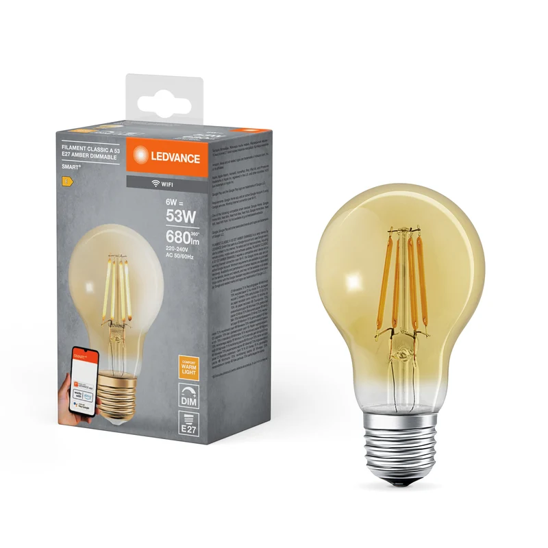 LEDVANCE Lampada LED Smart con tecnologia WiFi in vetro dorato, attacco E27, dimmerabile, bianco caldo (2400K), sostituisce lampadine a incandescenza da 53 W, SMART+ WiFi Classic Dimmable, confezione da 1