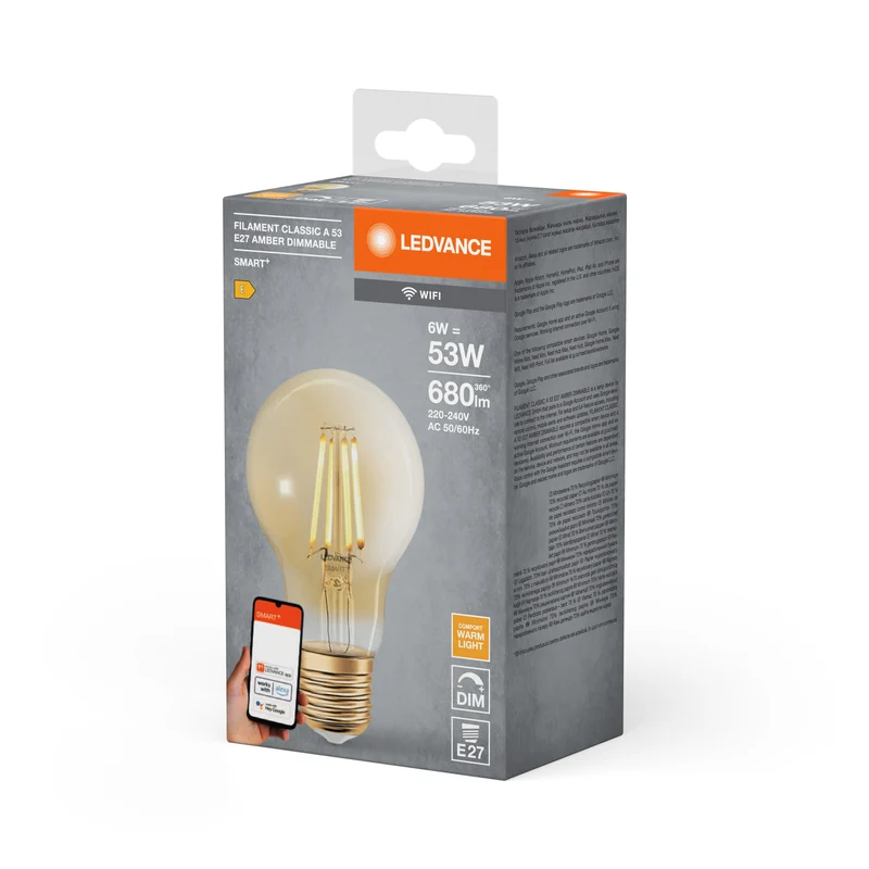 LEDVANCE Lampada LED Smart con tecnologia WiFi in vetro dorato, attacco E27, dimmerabile, bianco caldo (2400K), sostituisce lampadine a incandescenza da 53 W, SMART+ WiFi Classic Dimmable, confezione da 1