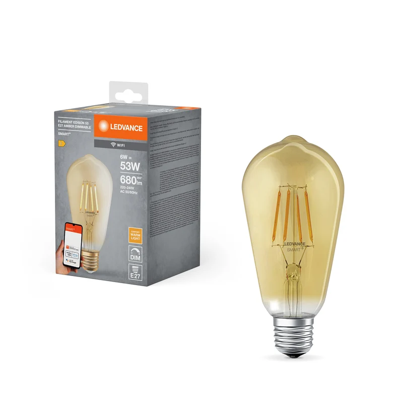 LEDVANCE Lampada LED Smart con tecnologia WiFi in forma Edison dorata, attacco E27, dimmerabile, bianco caldo (2400K), sostituisce lampadine a incandescenza da 53 W, SMART+ WiFi Classic Dimmable, confezione da 1.