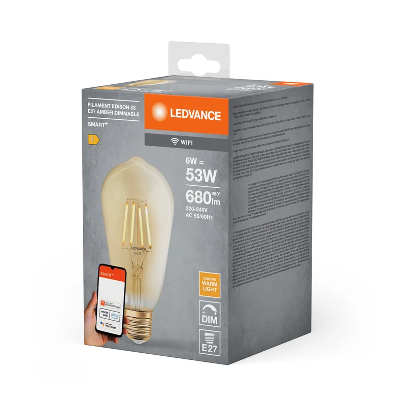 LEDVANCE Lampada LED Smart con tecnologia WiFi in forma Edison dorata, attacco E27, dimmerabile, bianco caldo (2400K), sostituisce lampadine a incandescenza da 53 W, SMART+ WiFi Classic Dimmable, confezione da 1.