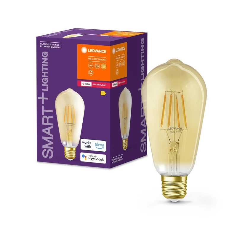 LEDVANCE Lampadina LED intelligente con ZigBee, attacco E27, dimmerabile, bianco caldo (2400K), forma Edison dorata, filamento chiaro, sostituto per lampadine a incandescenza da 55W, controllabile con sistemi compatibili come Alexa, Google ecc.