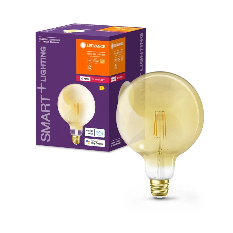 LEDVANCE Lampadina LED intelligente con ZigBee, attacco E27, dimmerabile, bianco caldo (2400K), forma globulare dorata, filamento chiaro, sostituto per lampadine a incandescenza da 55W, controllabile con sistemi compatibili come Alexa e Google ecc.