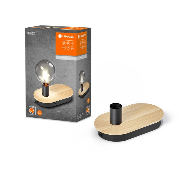 LEDVANCE DECOR Lampada da tavolo Touch in legno USB, nero/legno, E27
