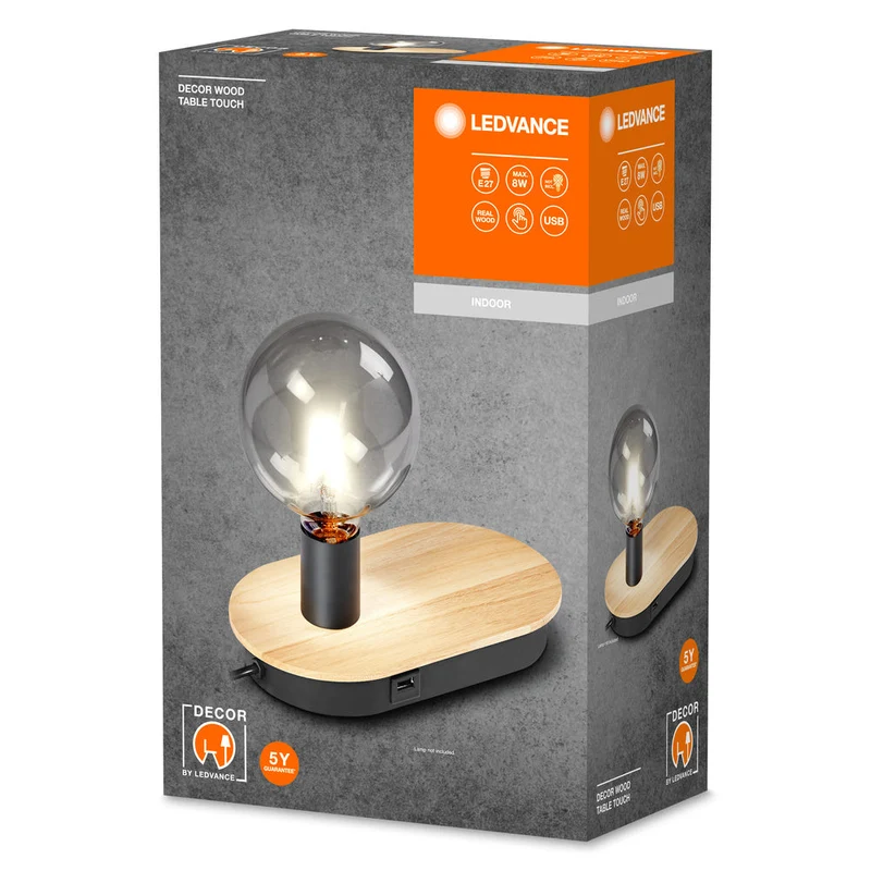 LEDVANCE DECOR Lampada da tavolo Touch in legno USB, nero/legno, E27
